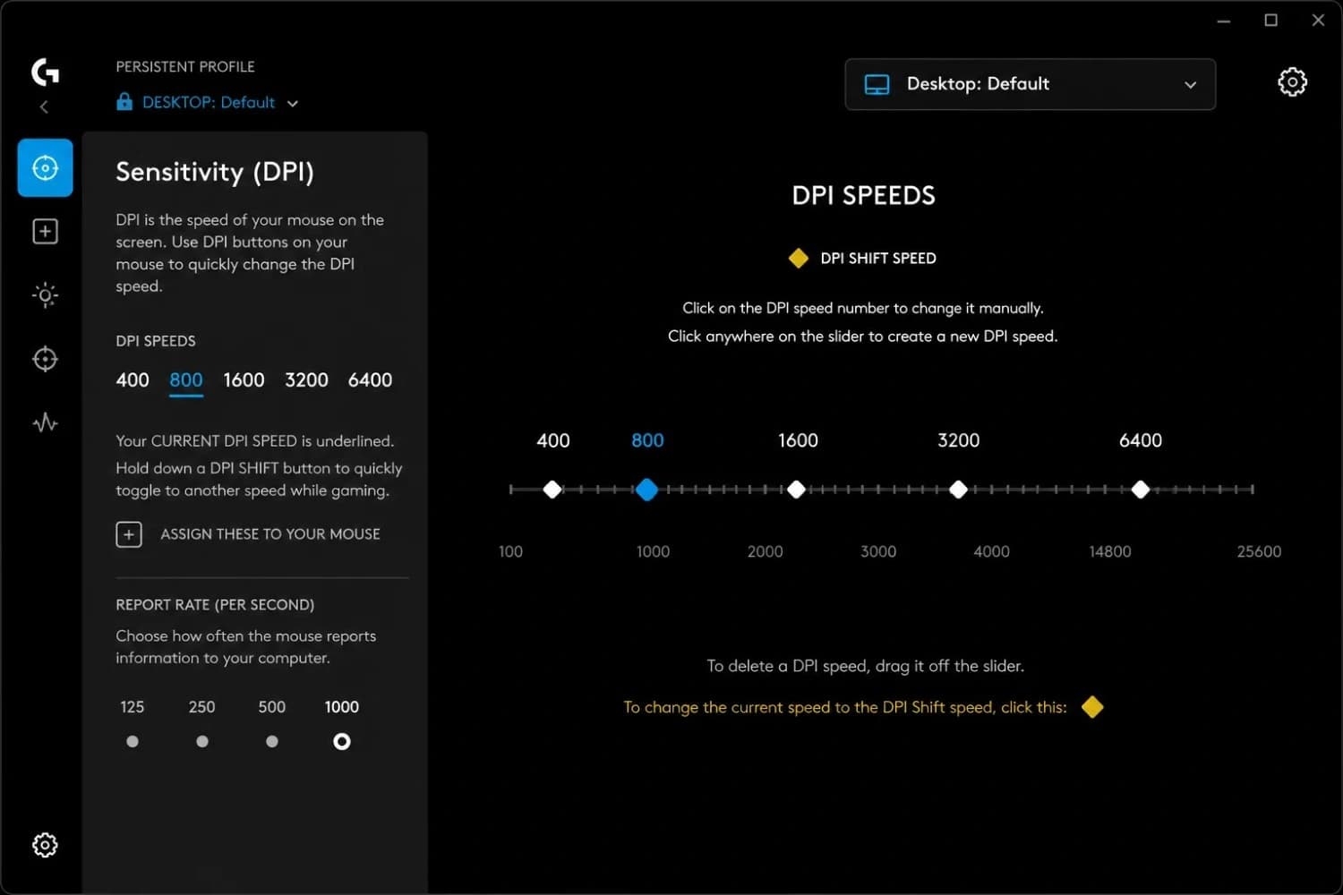 Mouse software DPI settings panel showing active DPI profile set to 800 DPI
