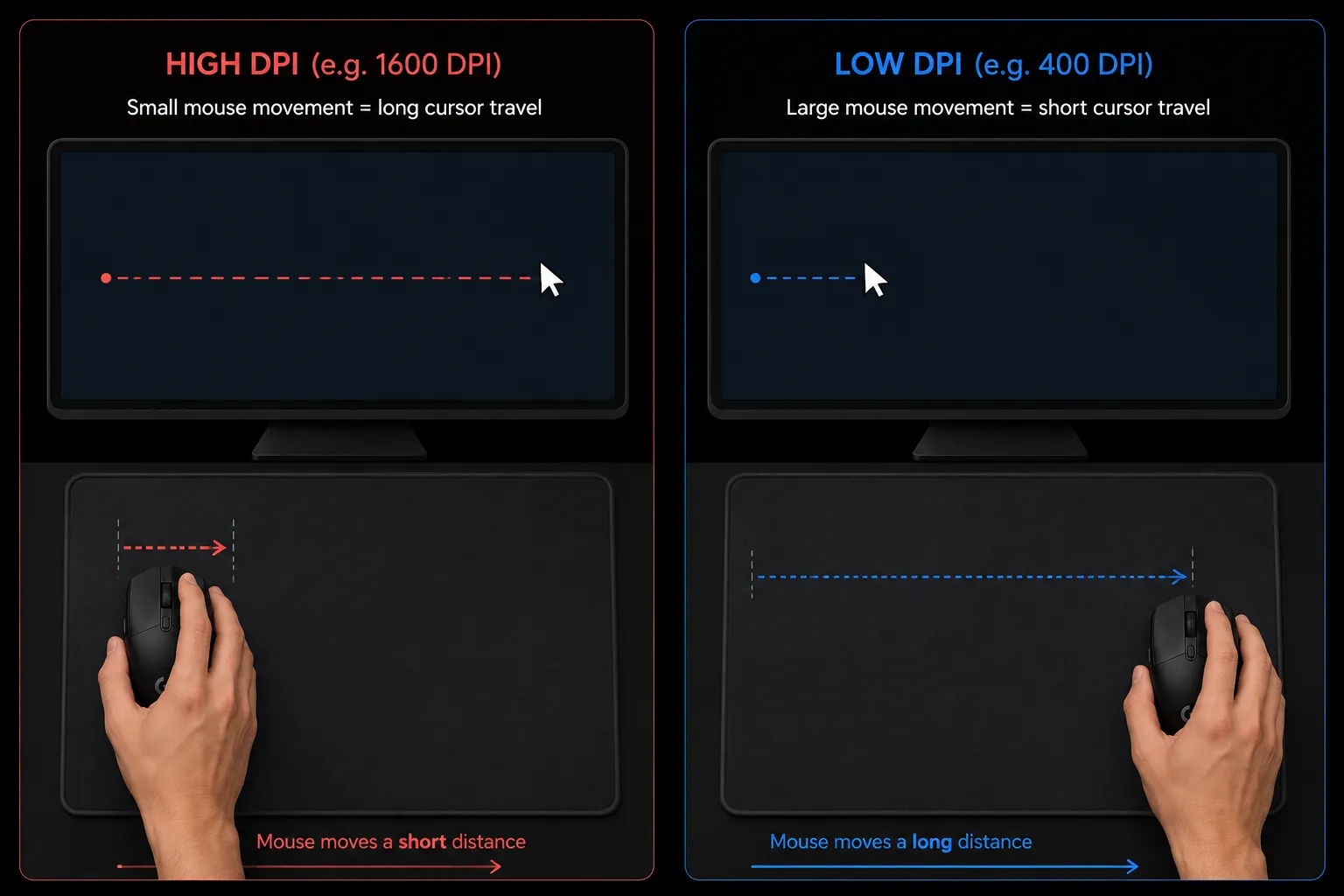Comparison showing cursor travel distance at low DPI versus high DPI with the same physical mouse movement