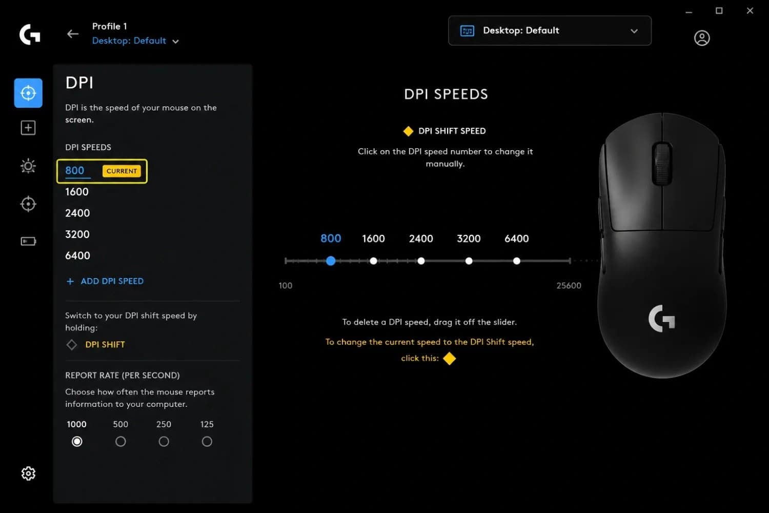 Mouse manufacturer software showing DPI settings panel with current DPI value highlighted.