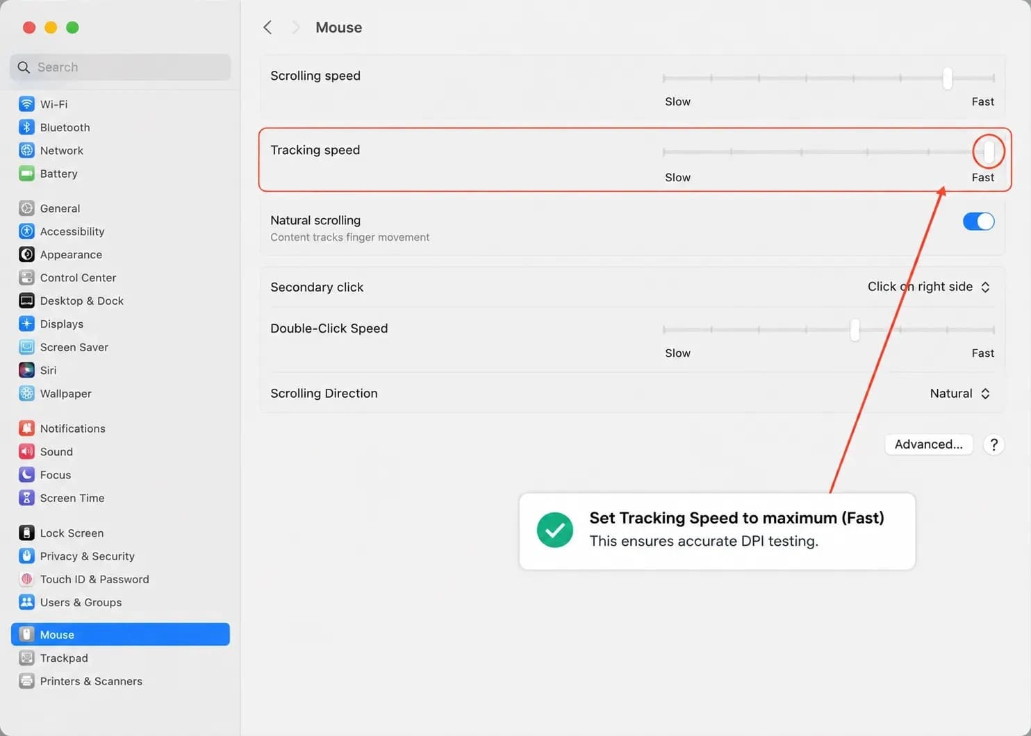 macOS System Settings Mouse panel showing Tracking Speed slider set to maximum for accurate DPI testing