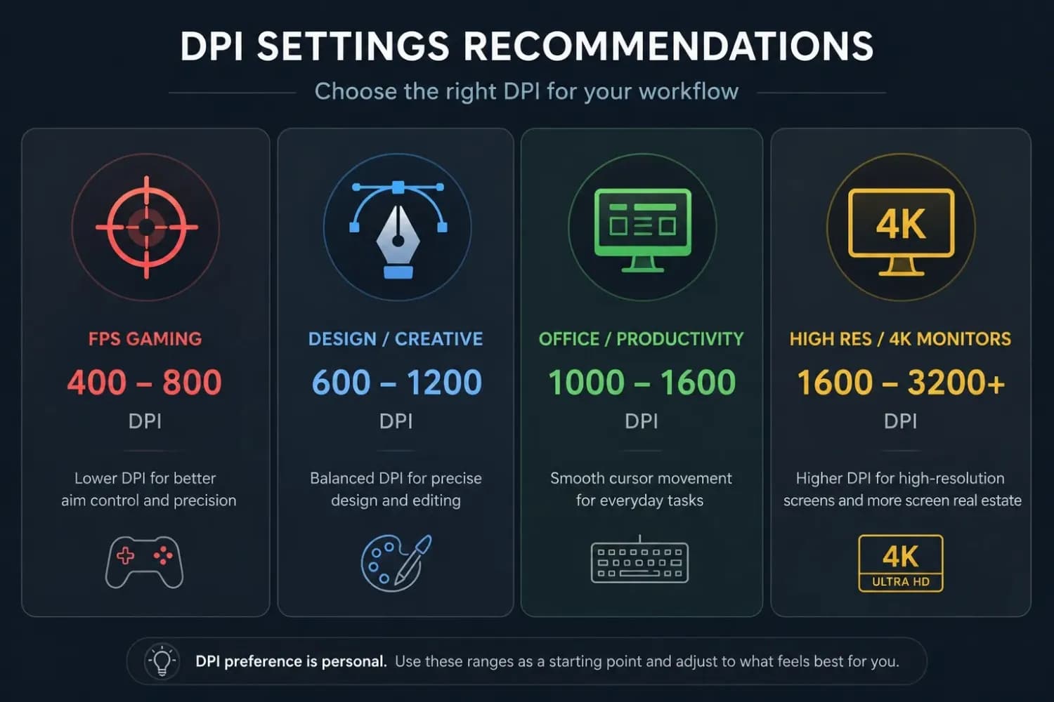DPI settings recommendation chart showing ranges for gaming, design, office use, and 4K monitors
