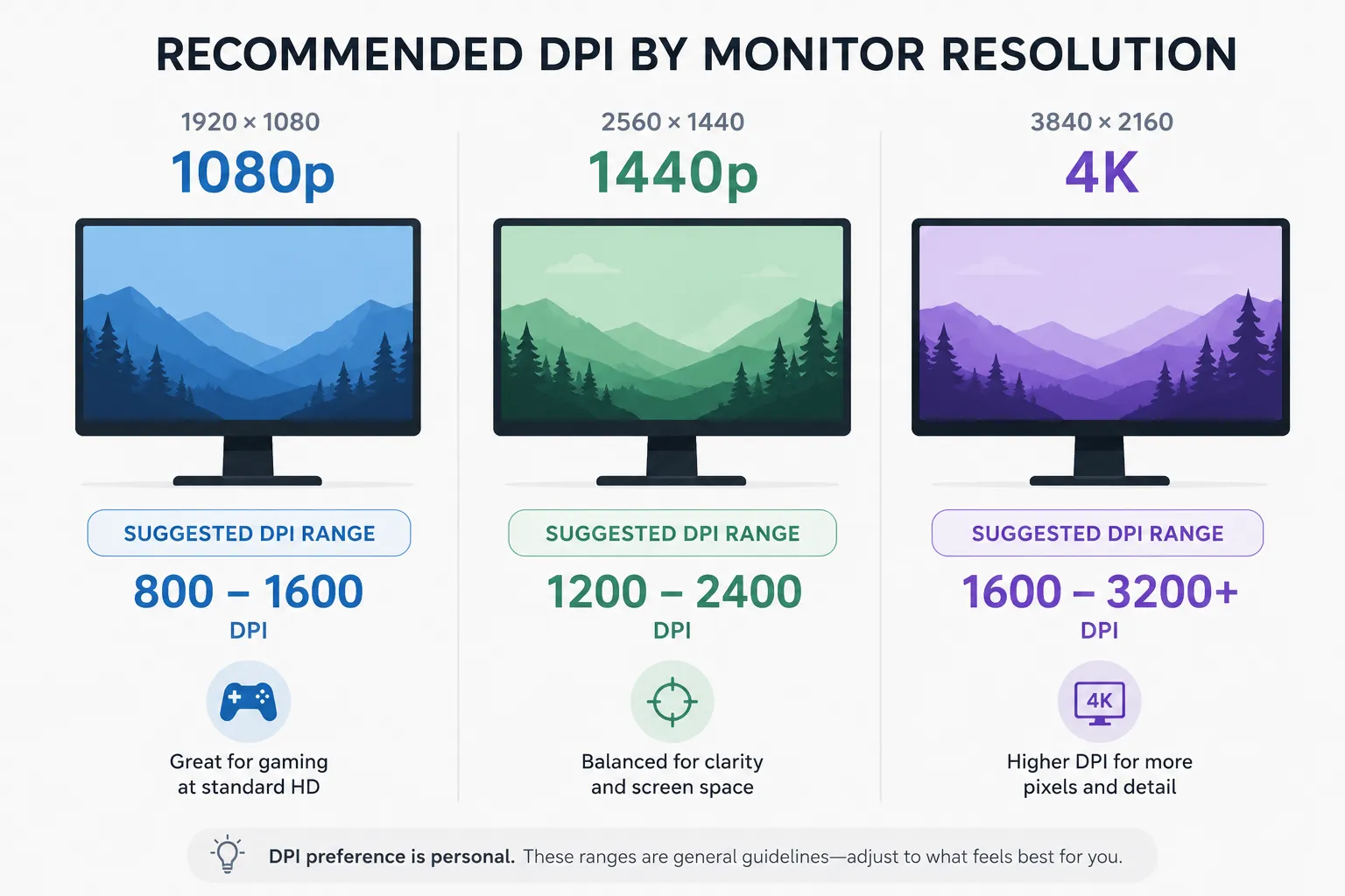 Guide showing recommended mouse DPI settings for 1080p, 1440p, and 4K monitor resolutions