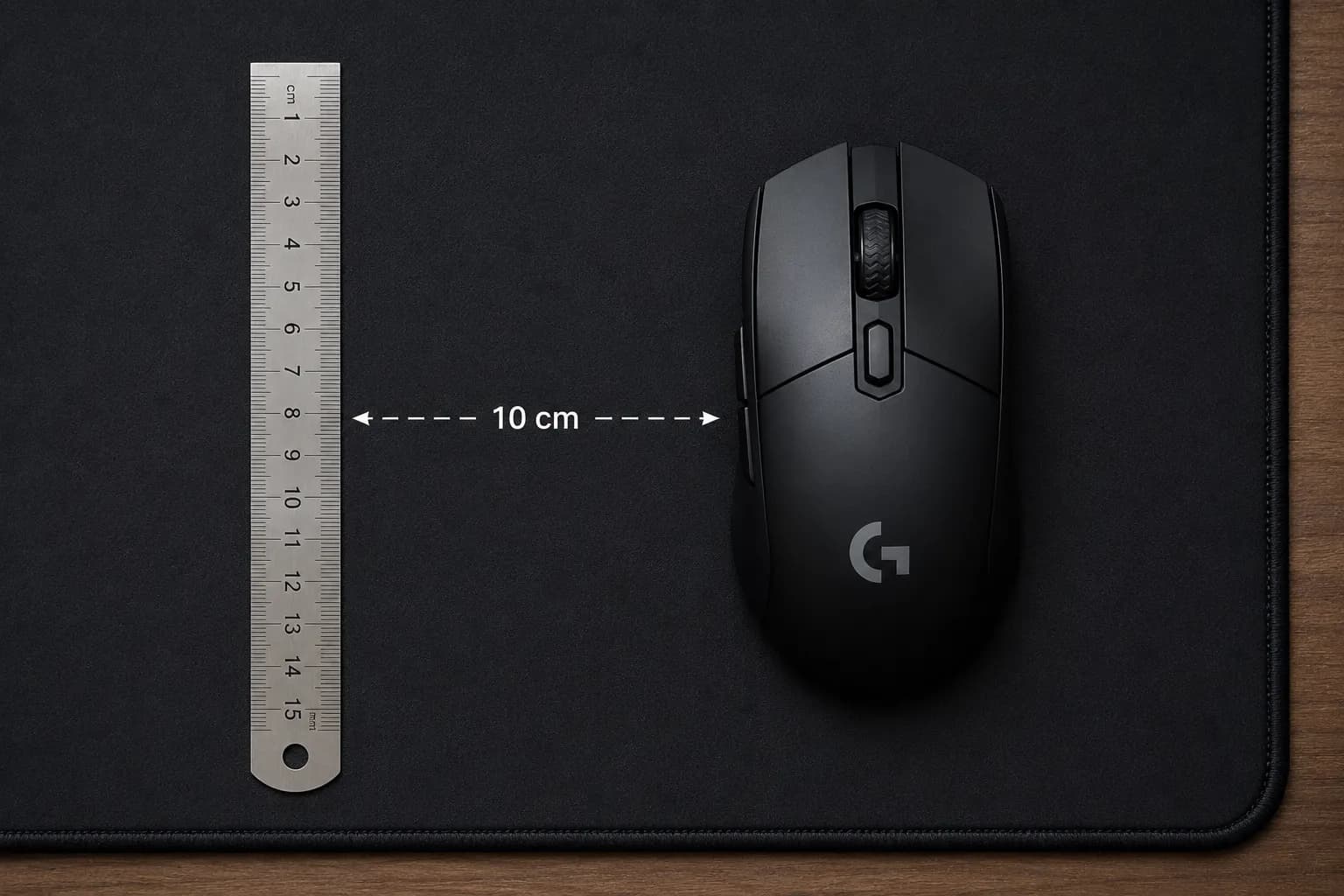 A gaming mouse placed next to a ruler on a mouse pad, showing the measured distance used for DPI analyzer testing