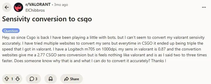 Reddit thread from r/VALORANT showing a player asking about converting sensitivity from Valorant to CSGO with community responses