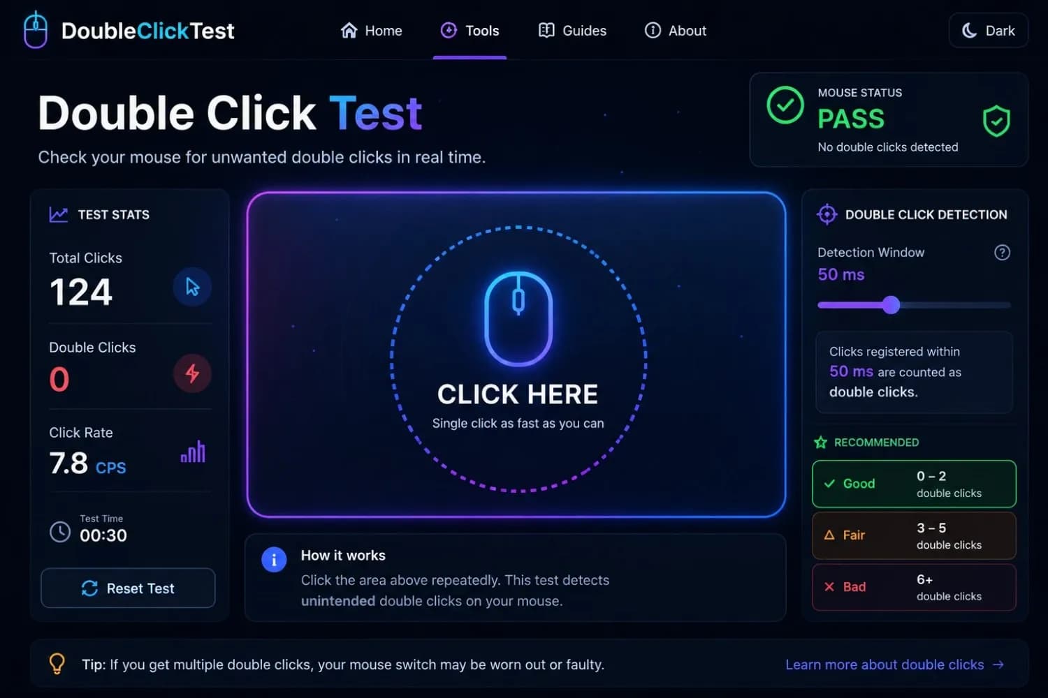 Mouse double-click test tool showing a click counter and double-click detection result