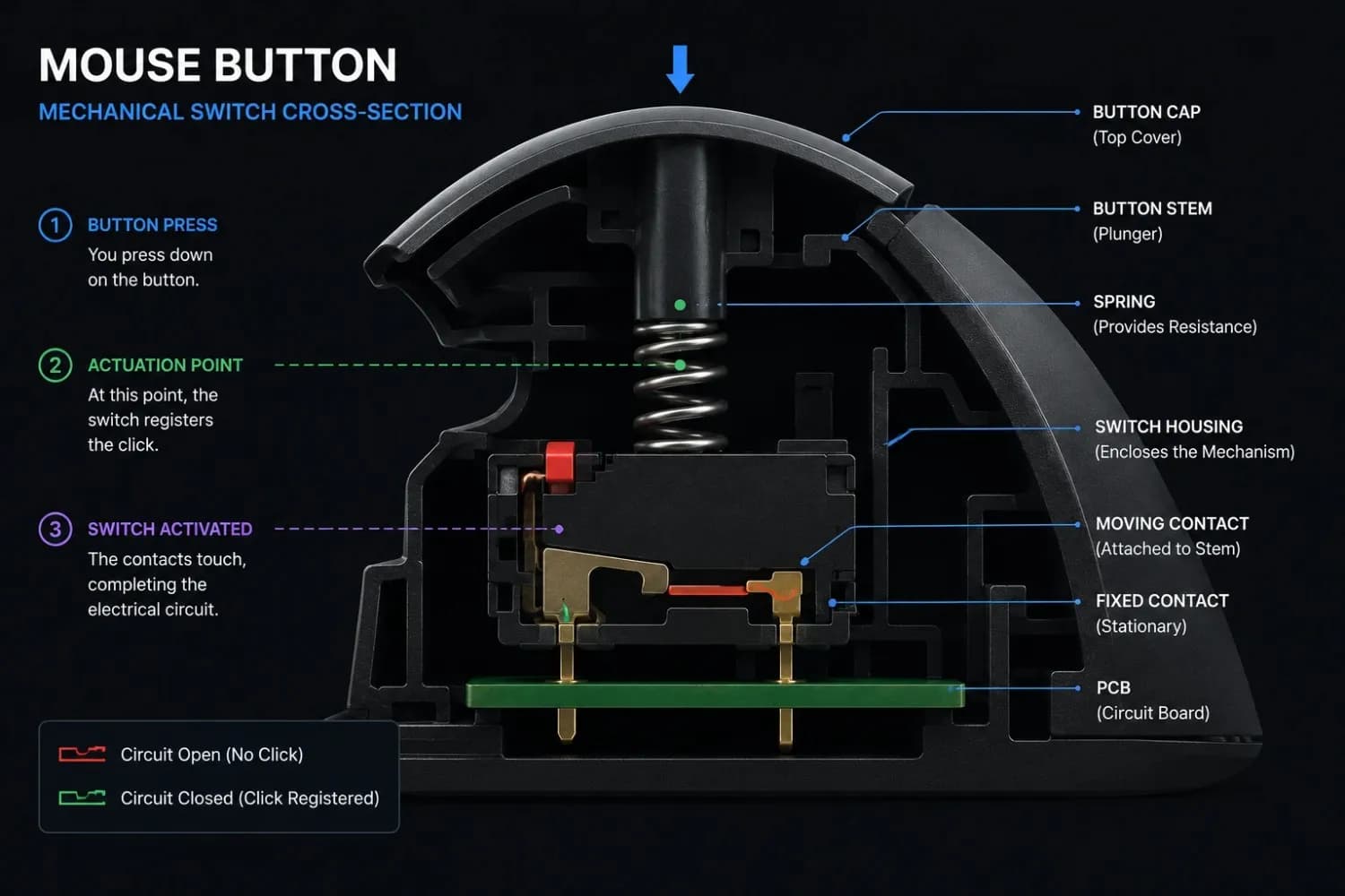 Cross-section diagram of a mouse switch showing internal contacts and spring mechanism