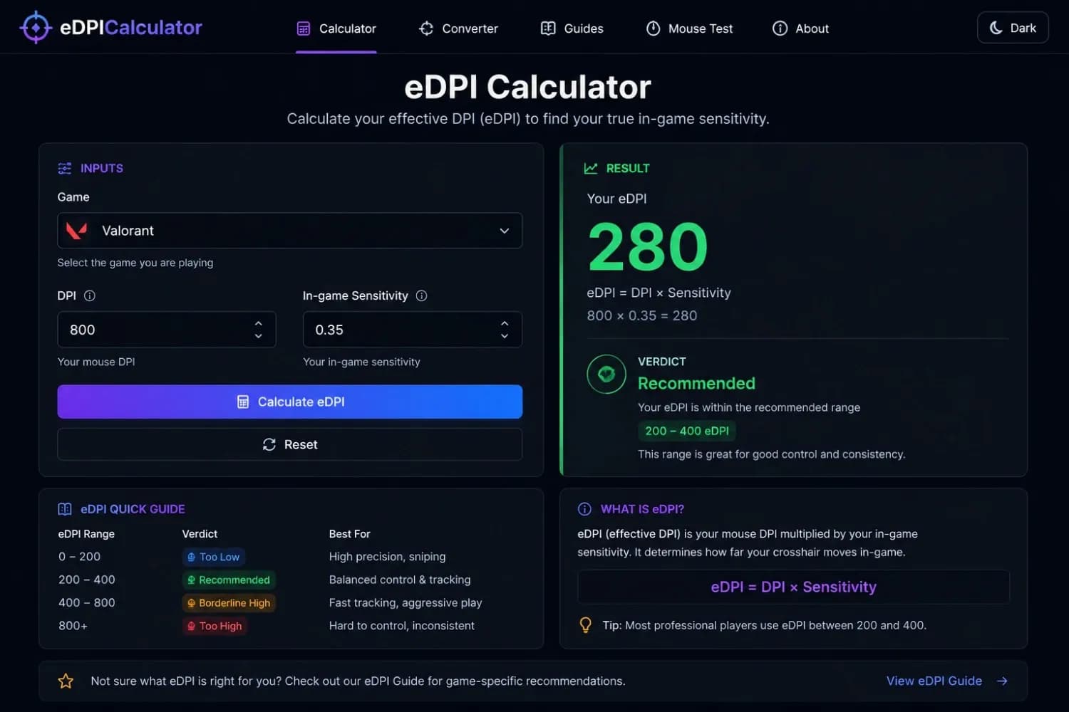 eDPI calculator showing 800 DPI and 0.35 Valorant sensitivity with a result of 280 eDPI