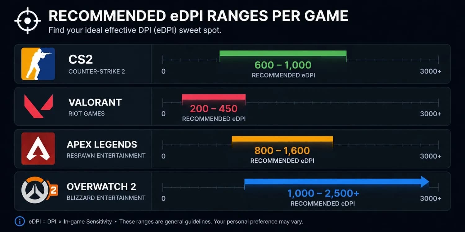 eDPI recommended ranges for CS2, Valorant, Apex Legends, and Overwatch 2