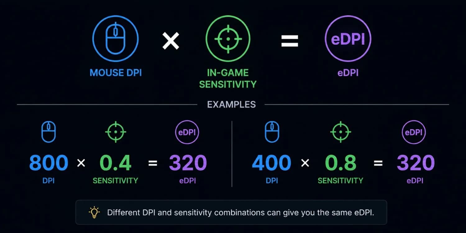 The eDPI formula showing mouse DPI multiplied by in-game sensitivity equals eDPI