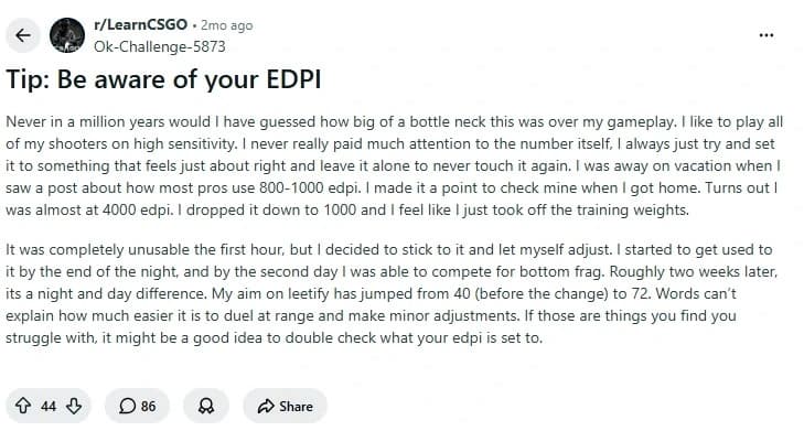 A Reddit post titled Tip: Be aware of your EDPI discussing the benefits of lowering mouse sensitivity.