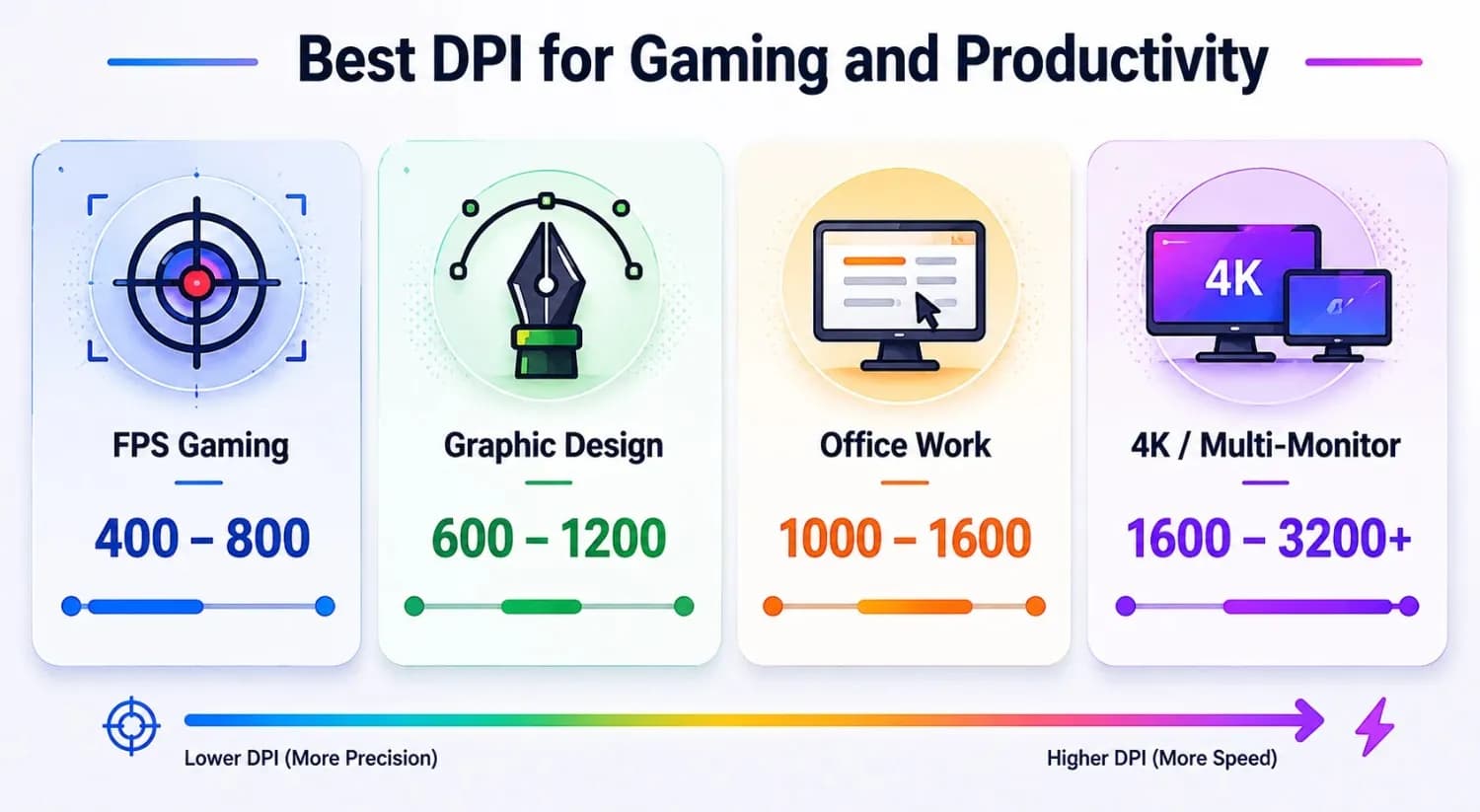 DPI settings comparison chart for gaming, graphic design, office use, and 4K monitors.