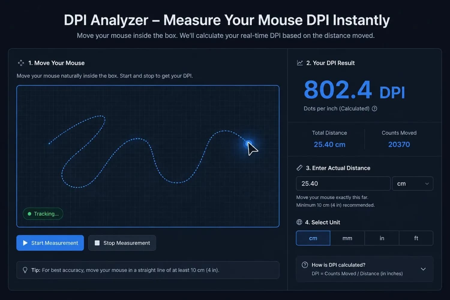 DPI analyzer tool interface showing real-time mouse DPI measurement result of 802 DPI