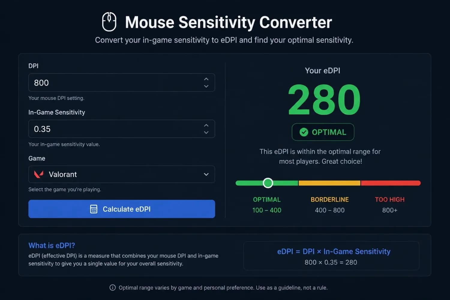Mouse sensitivity analyzer tool showing 800 DPI and 0.35 Valorant sensitivity with eDPI result of 280