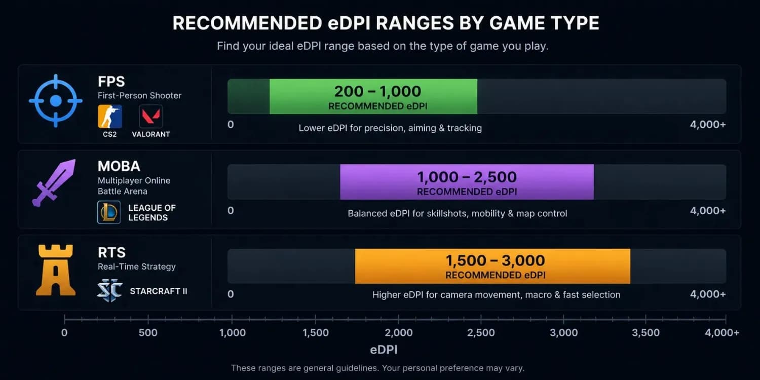 eDPI recommended ranges for FPS MOBA and RTS games, including CS2 Valorant, and League of Legends